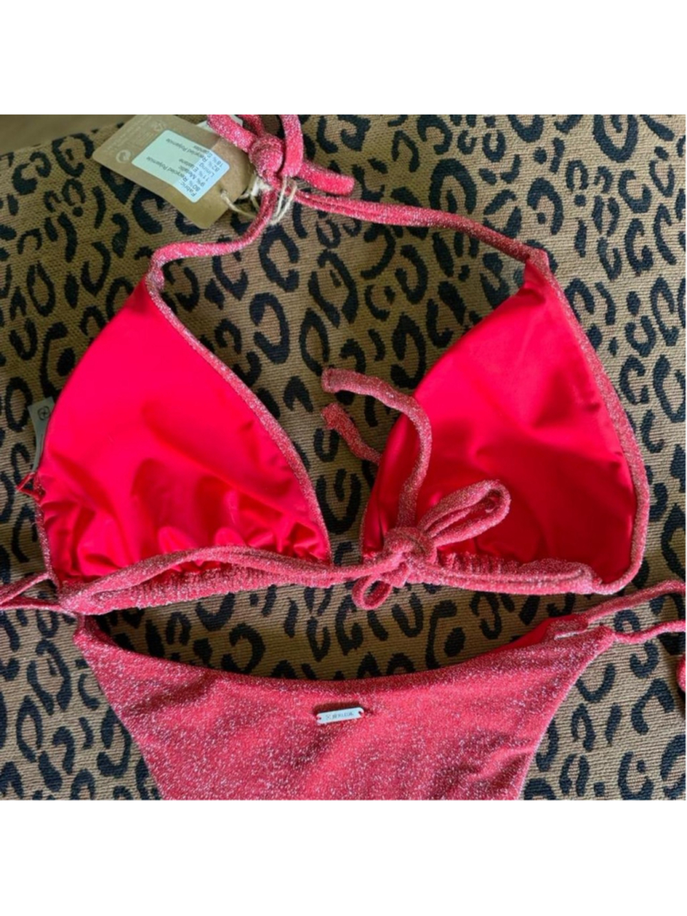 NWT Berlook Red Lurex Halter Triangle Bikini Top and Tie Bottoms - Picture 6 of 8